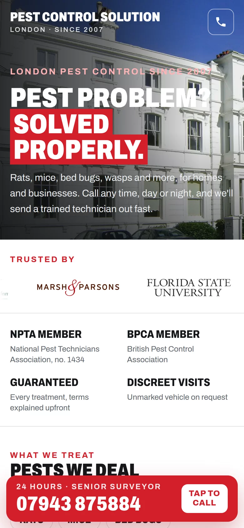 The new Pest Control Solution website on a phone: big headline, trusted-by logos, accreditations and a tap-to-call bar